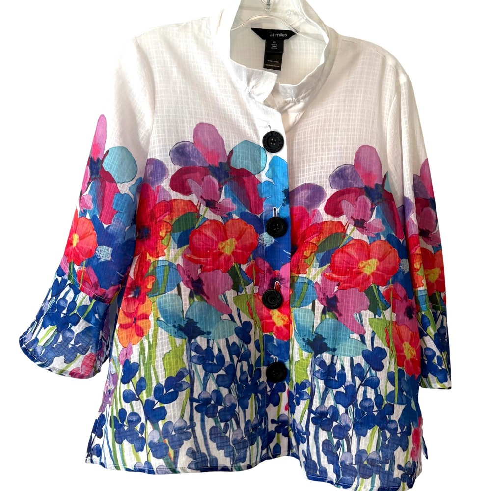 NWT Ali Miles White Lightweight Semi Sheer Arty Floral Print Blouse Size PS